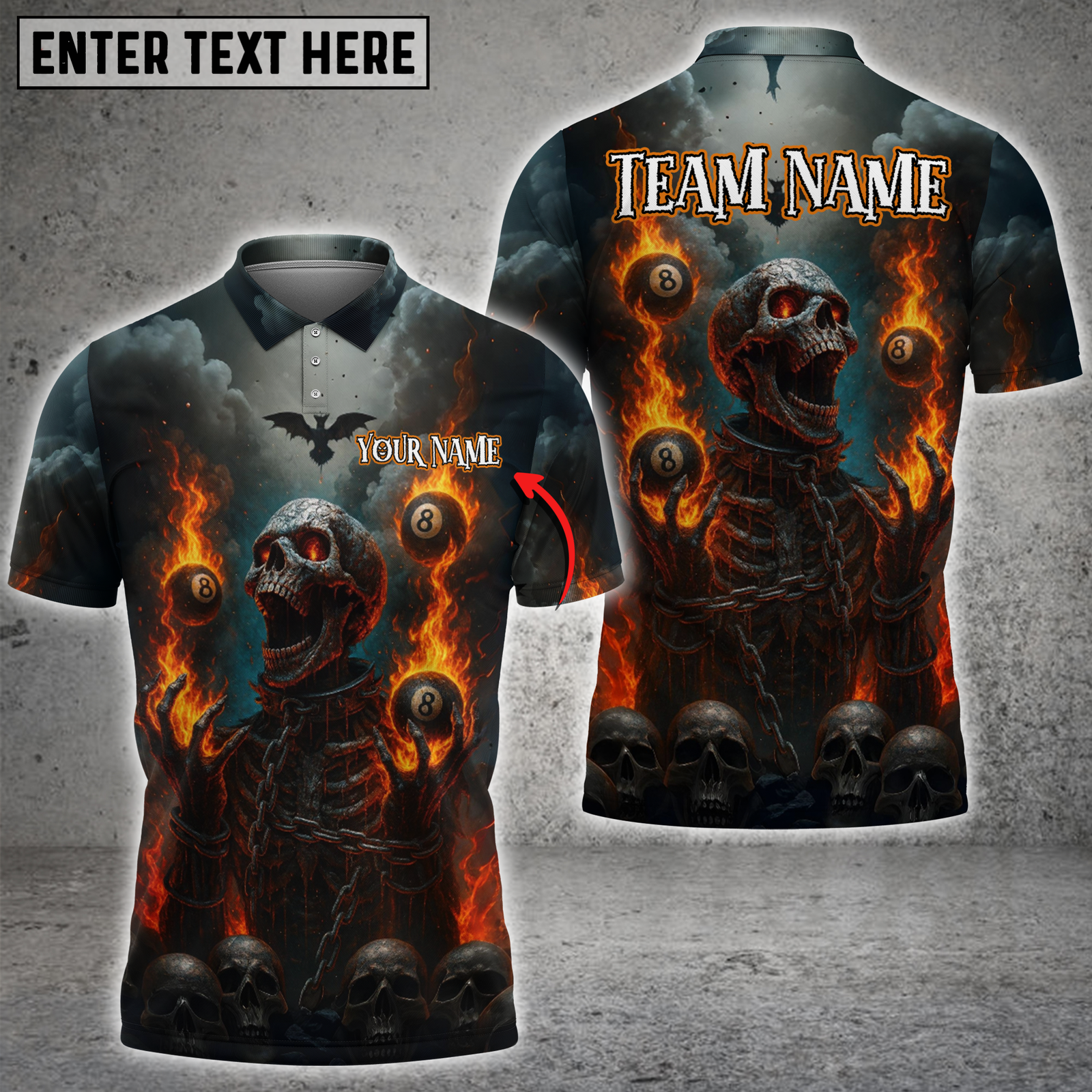 Blisscorners Billiards Fiery Skeleton with 8-Balls Multicolor Customized Name, Team Name 3D Shirt