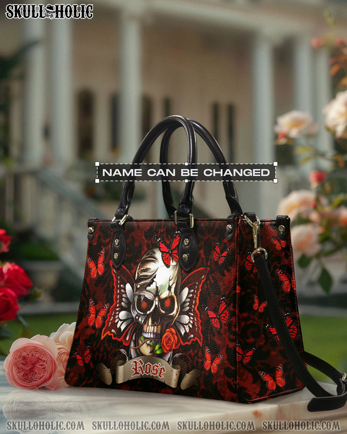 BLISSCORNERS PERSONALIZED SKULL ROSE BUTTERFLY LEATHER HANDBAG