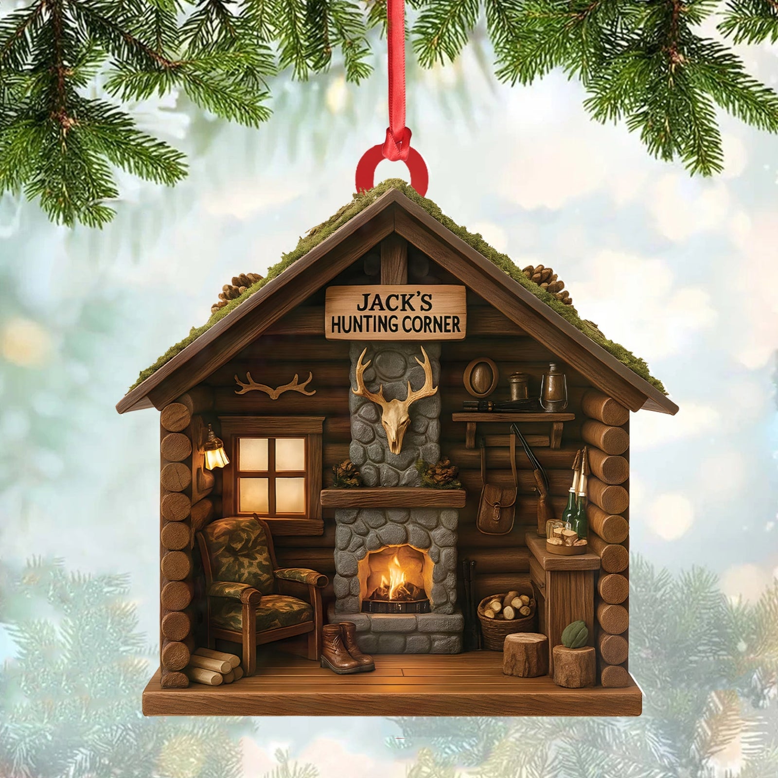 Blisscorners Personalized Hunter- Cabin Ornament, Custom Log Cabin Christmas Decoration for Outdoor Lovers LM0411