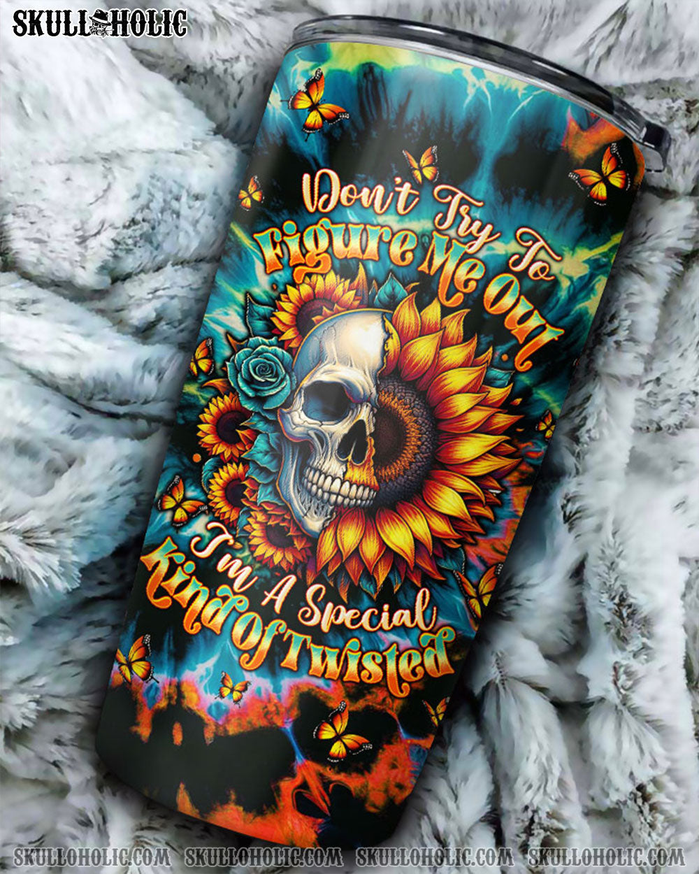 BLISSCORNERS DON'T TRY TO FIGURE ME OUT SKULL SUNFLOWER TUMBLER