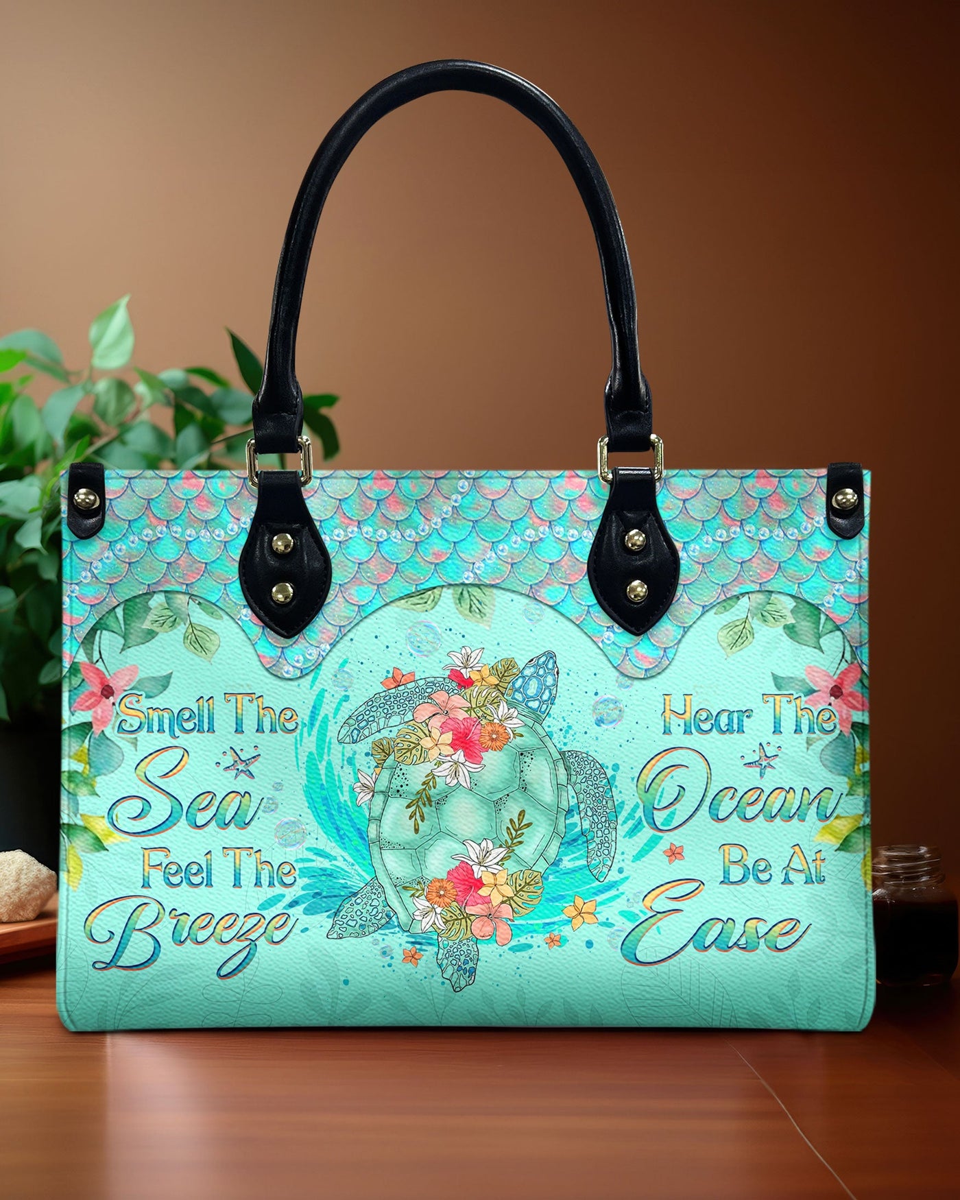 BLISSCORNERS SMELL THE SEA FEEL THE BREEZE TURTLE LEATHER HANDBAG