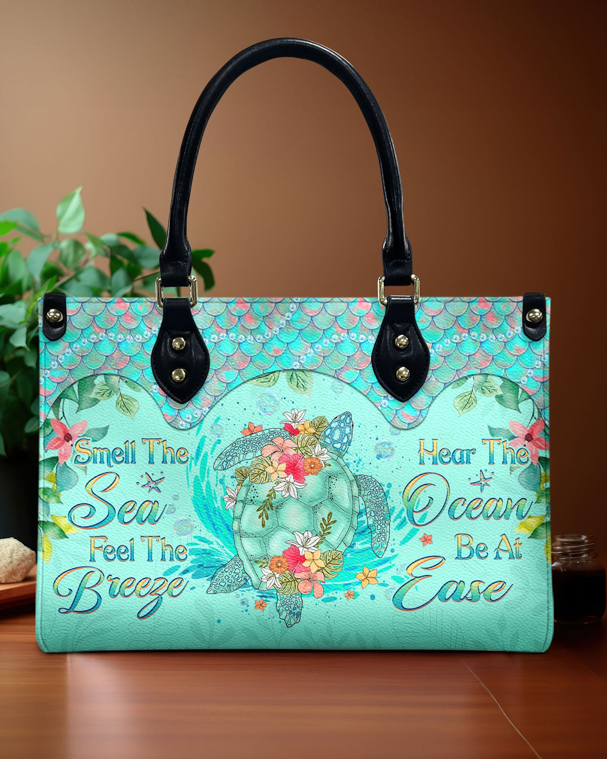 BLISSCORNERS SMELL THE SEA FEEL THE BREEZE TURTLE LEATHER HANDBAG