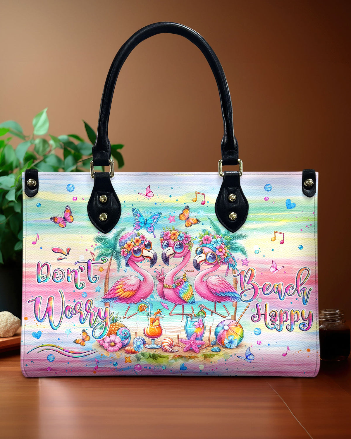 BLISSCORNERS DON'T WORRY BEACH HAPPY FLAMINGO LEATHER HANDBAG