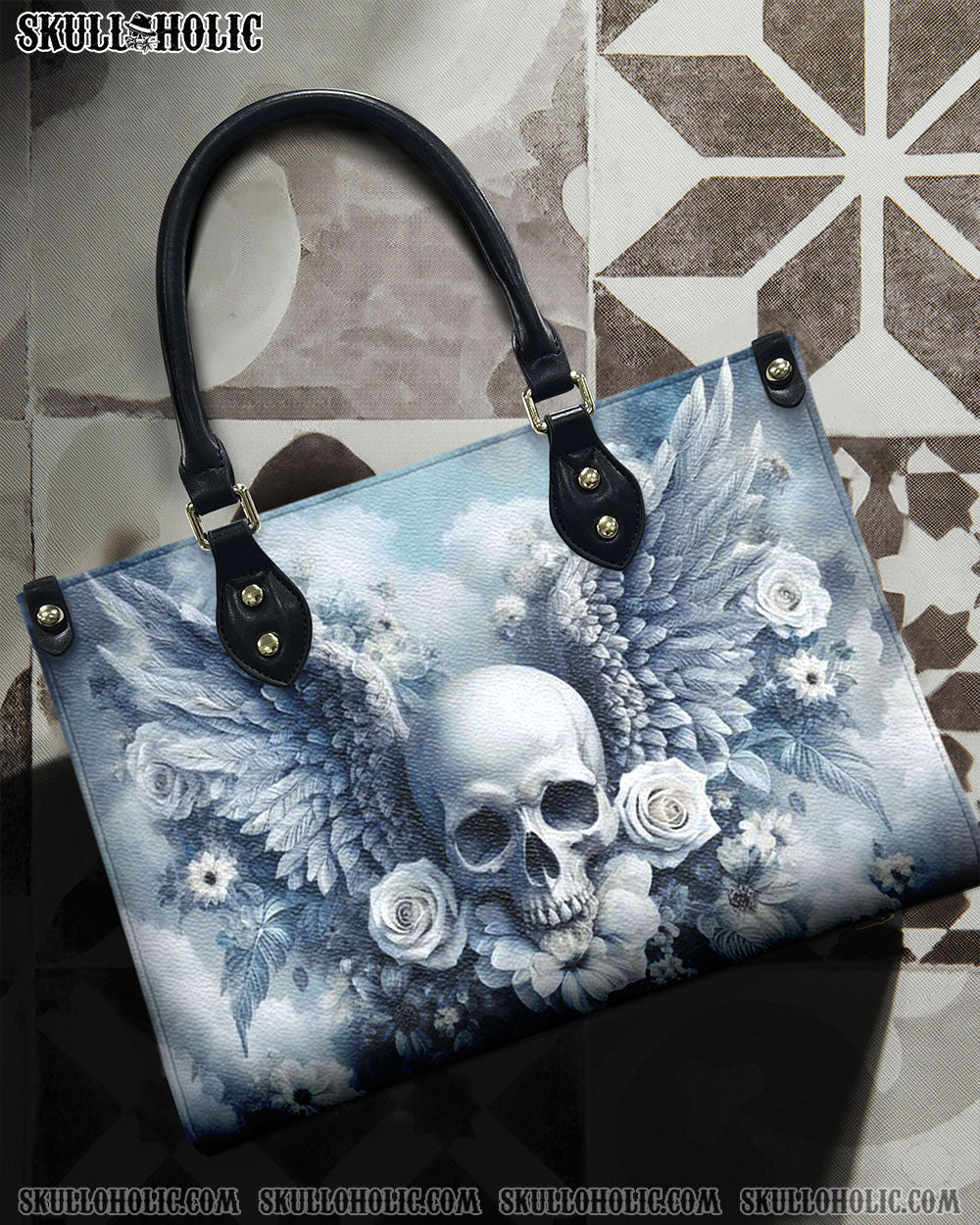 BLISSCORNERS SKULL WITH WINGS AND ROSES LEATHER HANDBAG