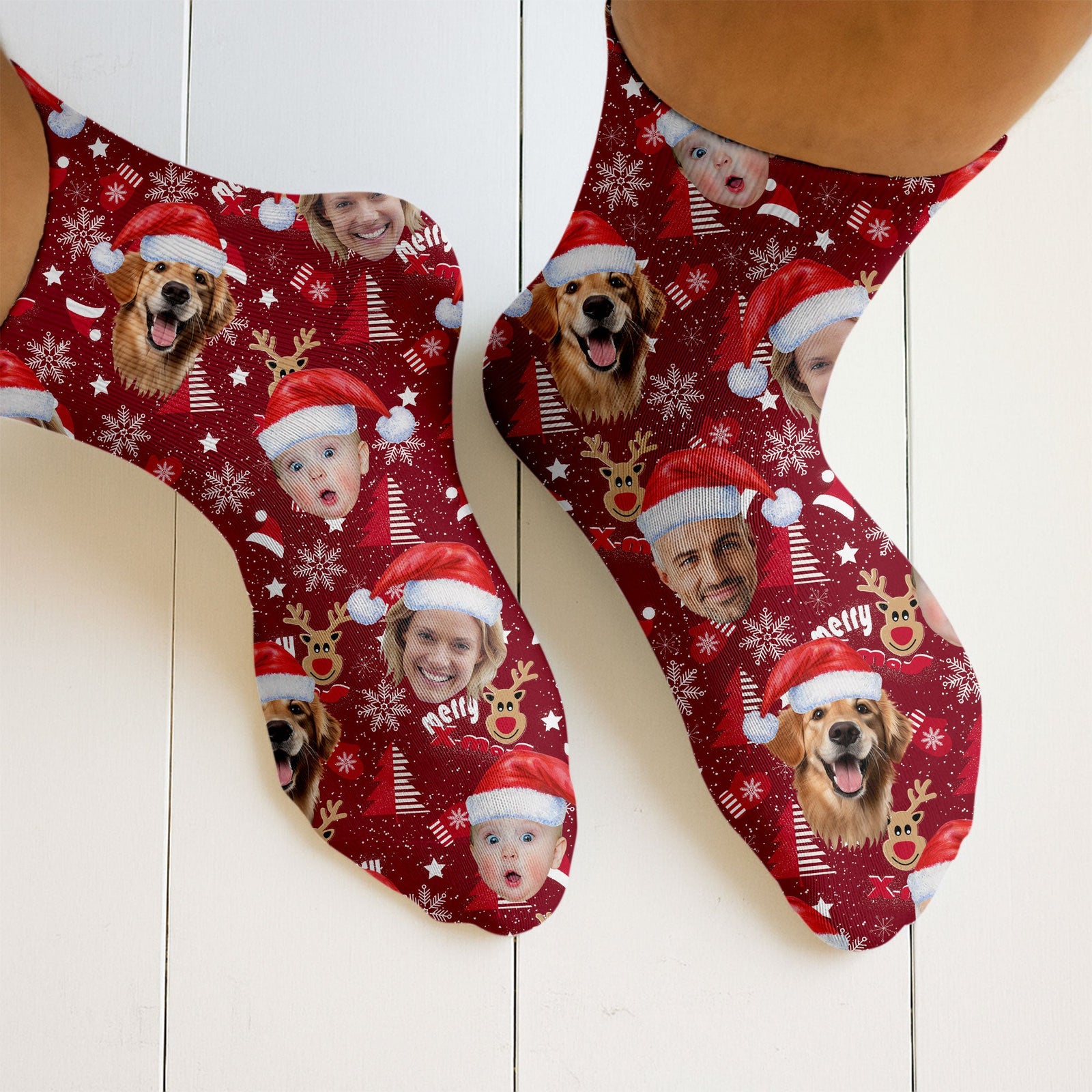 Blisscorners Custom Face Red Nose Reindeer Merry Xmas Red Golf Socks, Christmas Golf Socks, Golf Gift IdeaLM2611