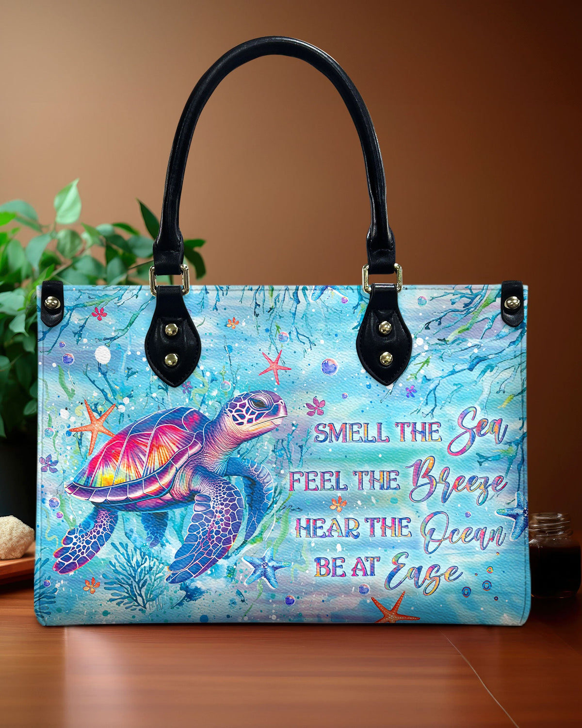 BLISSCORNERS SMELL THE SEA FEEL THE BREEZE TURTLE LEATHER HANDBAG