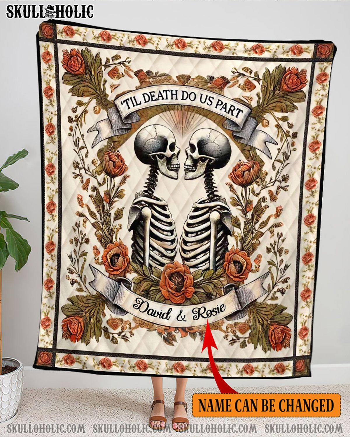 BLISSCORNERS PERSONALIZED TILL DEATH DO US PART SKULL COUPLE FLEECE BLANKET