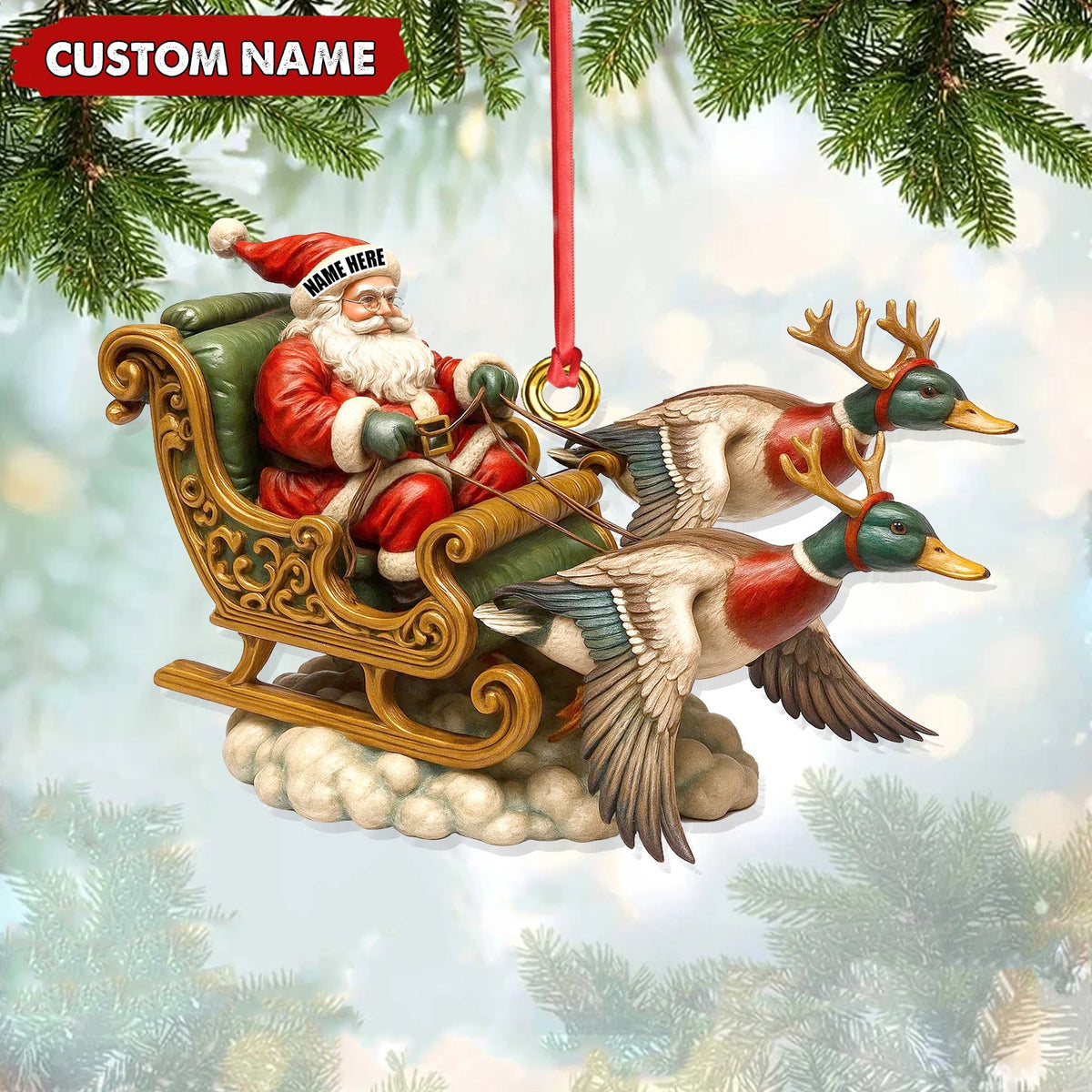Blisscorners Personalized Santa Sleigh Duck Ornament, Custom Name Christmas Gift for Hunters LM0411
