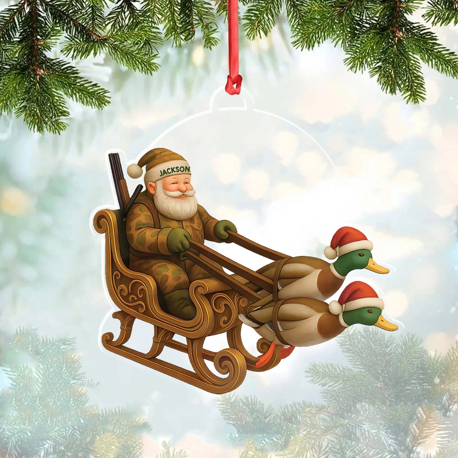 Blisscorners Personalized Funny Santa Hunter Acrylic Ornament- Duck Hunting Christmas Wall Art, Santa Claus with Ducks Sleigh, Custom Hunter Gift for Men LM0411