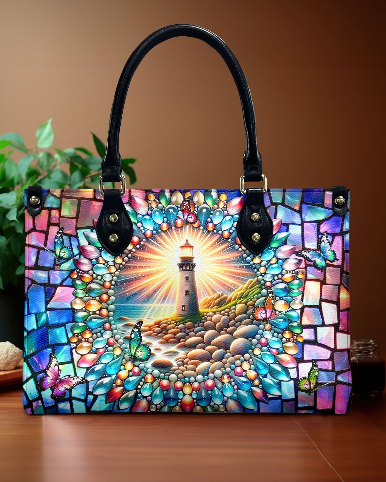 BLISSCORNERS LIGHTHOUSE STAINED GLASS LEATHER HANDBAG