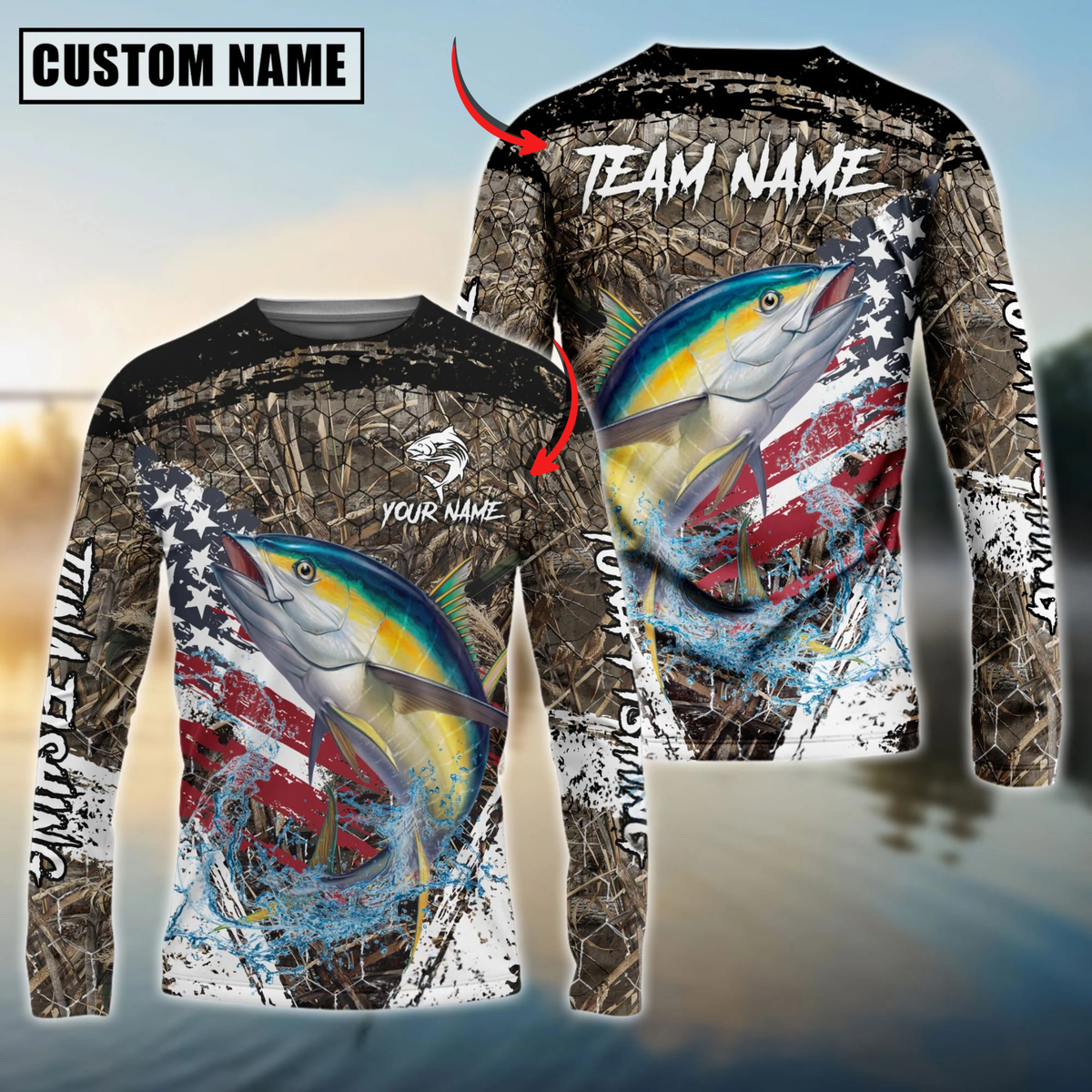 Blisscorners Tuna Fishing American Flag Scratch Grass Camo Custom Name & Team Name 3D Shirts