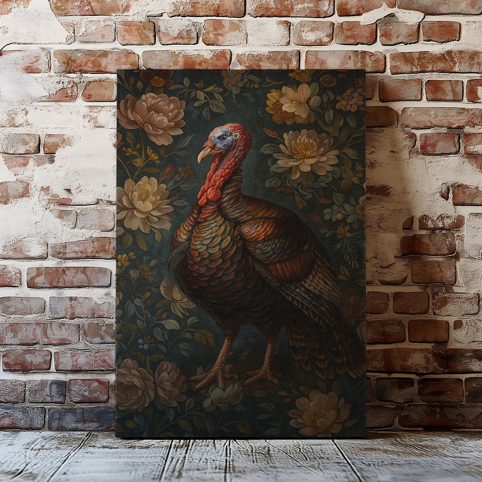 Blisscorners Vintage Turkey Canvas Print – Rustic Floral Wildlife Wall Art LM2611