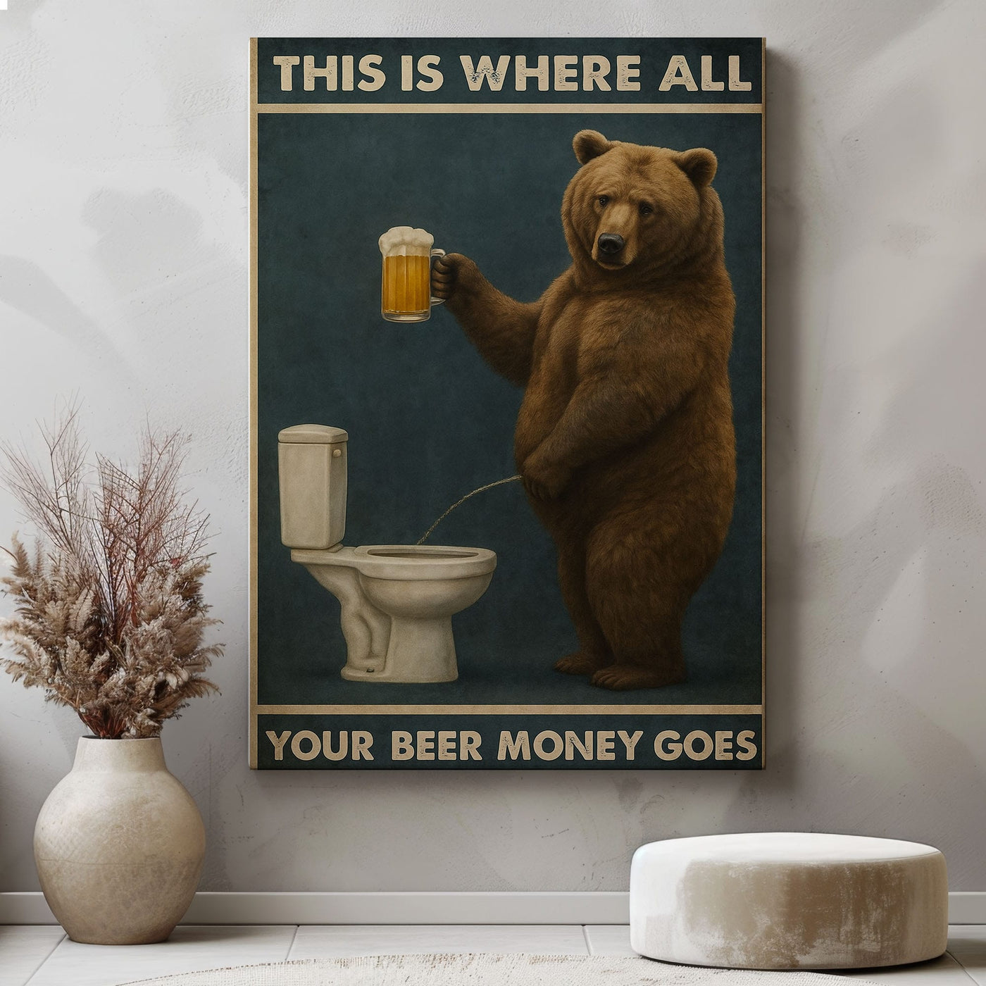Blisscorners Funny Beer Bear Canvas – Hilarious Bathroom & Bar Wall Art LM2611