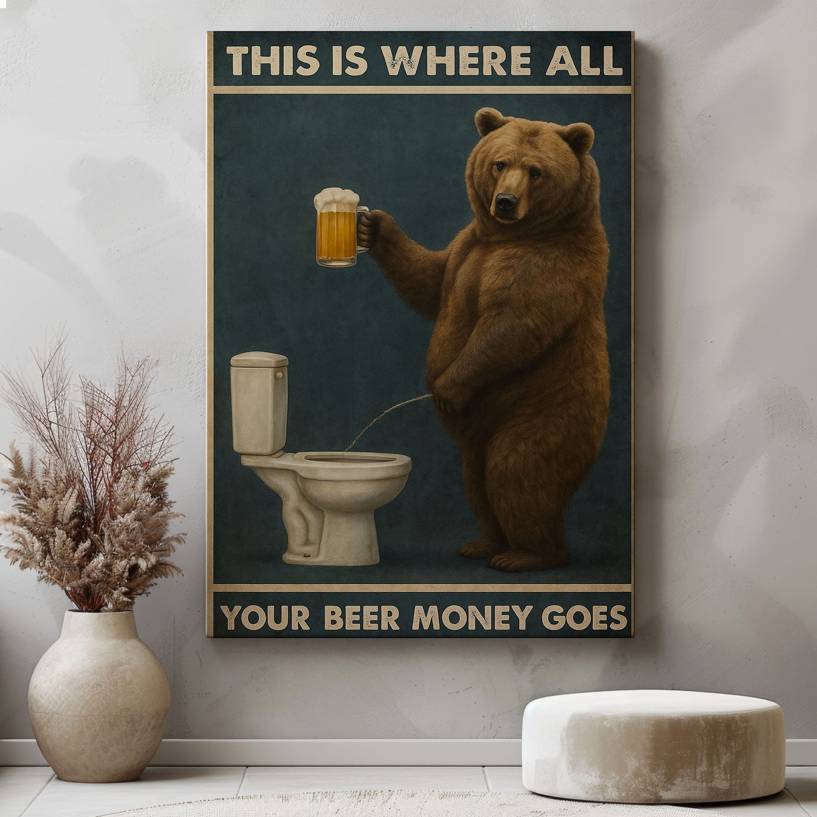 Blisscorners Funny Beer Bear Canvas – Hilarious Bathroom & Bar Wall Art LM2611