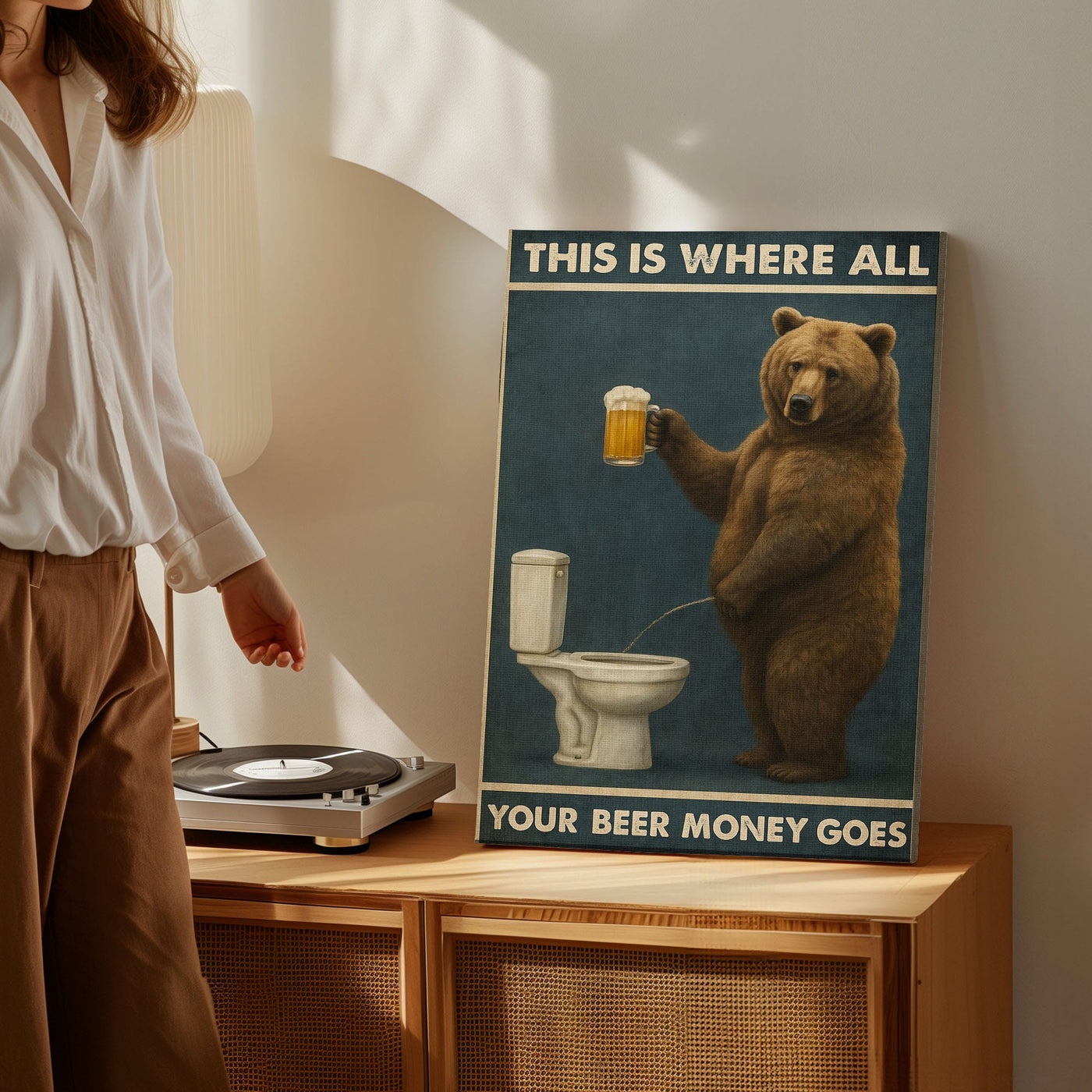 Blisscorners Funny Beer Bear Canvas – Hilarious Bathroom & Bar Wall Art LM2611