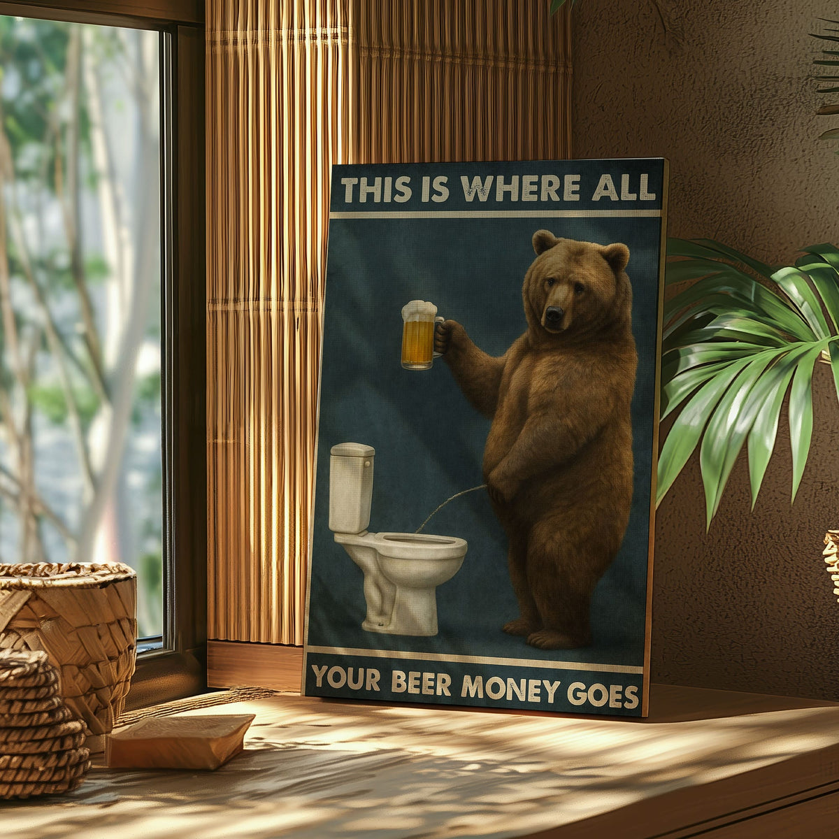 Blisscorners Funny Beer Bear Canvas – Hilarious Bathroom & Bar Wall Art LM2611