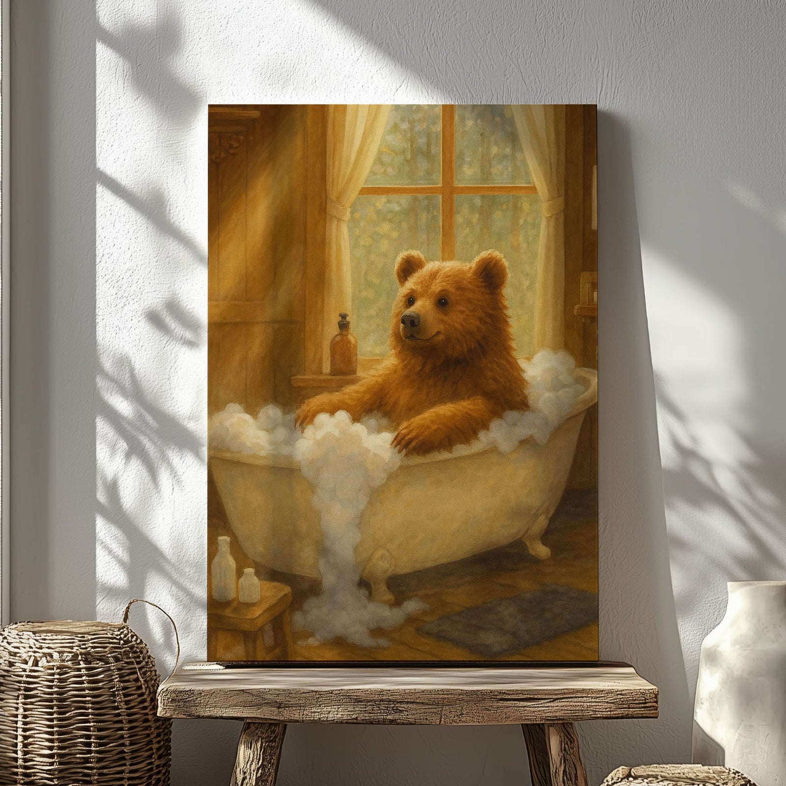 Blisscorners Cozy Bear Bath Canvas – Cute Animal Bathroom Wall Art LM2611