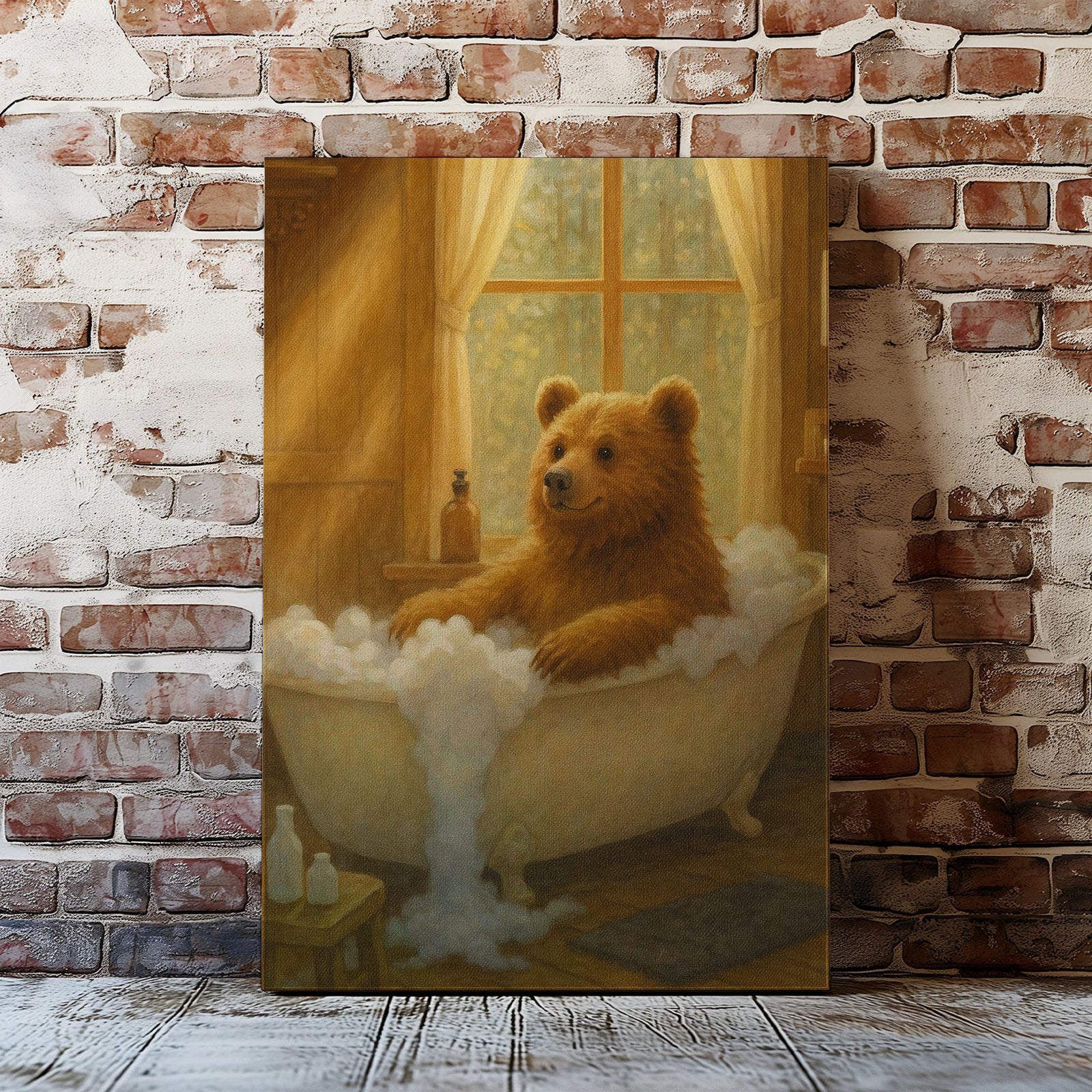 Blisscorners Cozy Bear Bath Canvas – Cute Animal Bathroom Wall Art LM2611