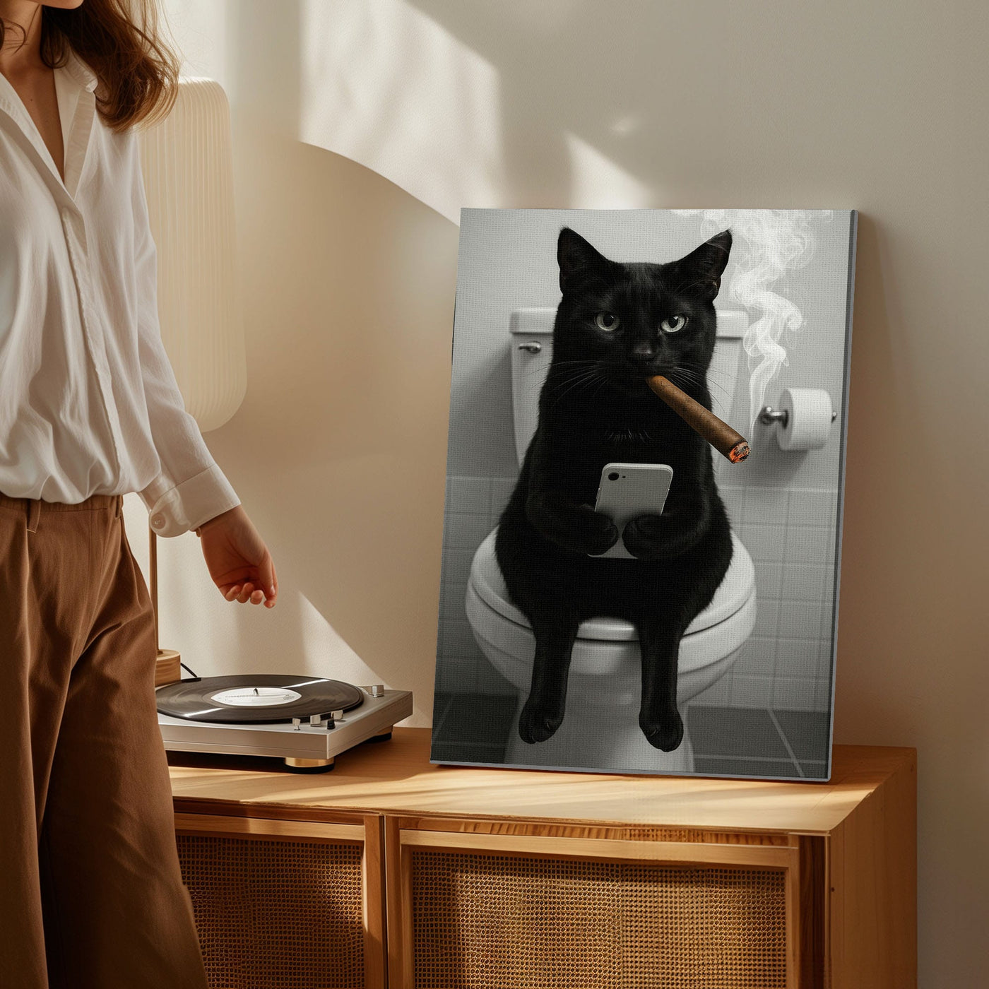 Blisscorners Funny Toilet Cigar Cat Canvas Bathroom Wall Art1 LM2611