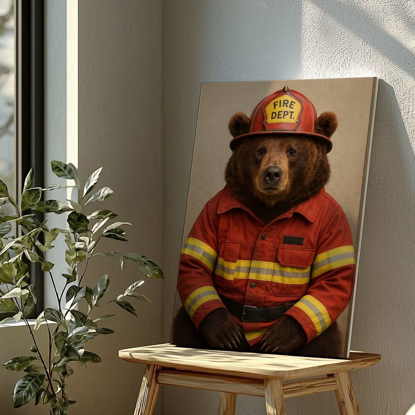Blisscorners Firefighter Bear Canvas Heroic Animal Wall Art for Home & Office LM2611