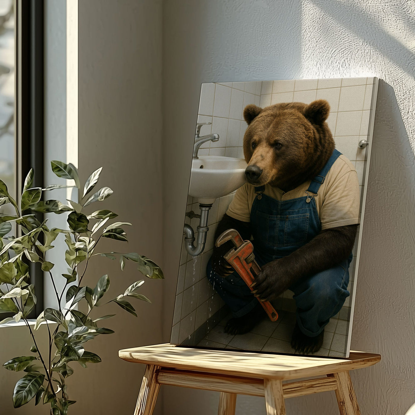 Blisscorners Plumber Bear Canvas Funny Handyman Bathroom Wall Art LM2611