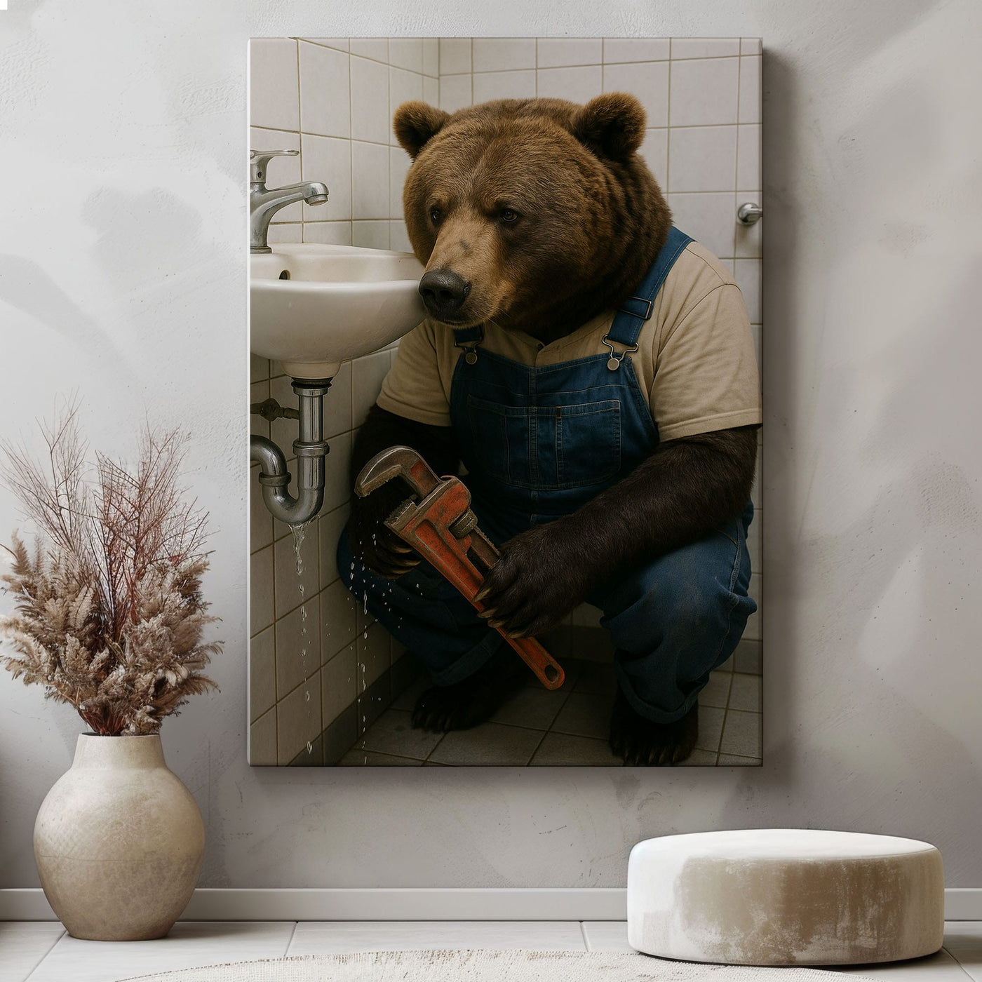 Blisscorners Plumber Bear Canvas Funny Handyman Bathroom Wall Art LM2611