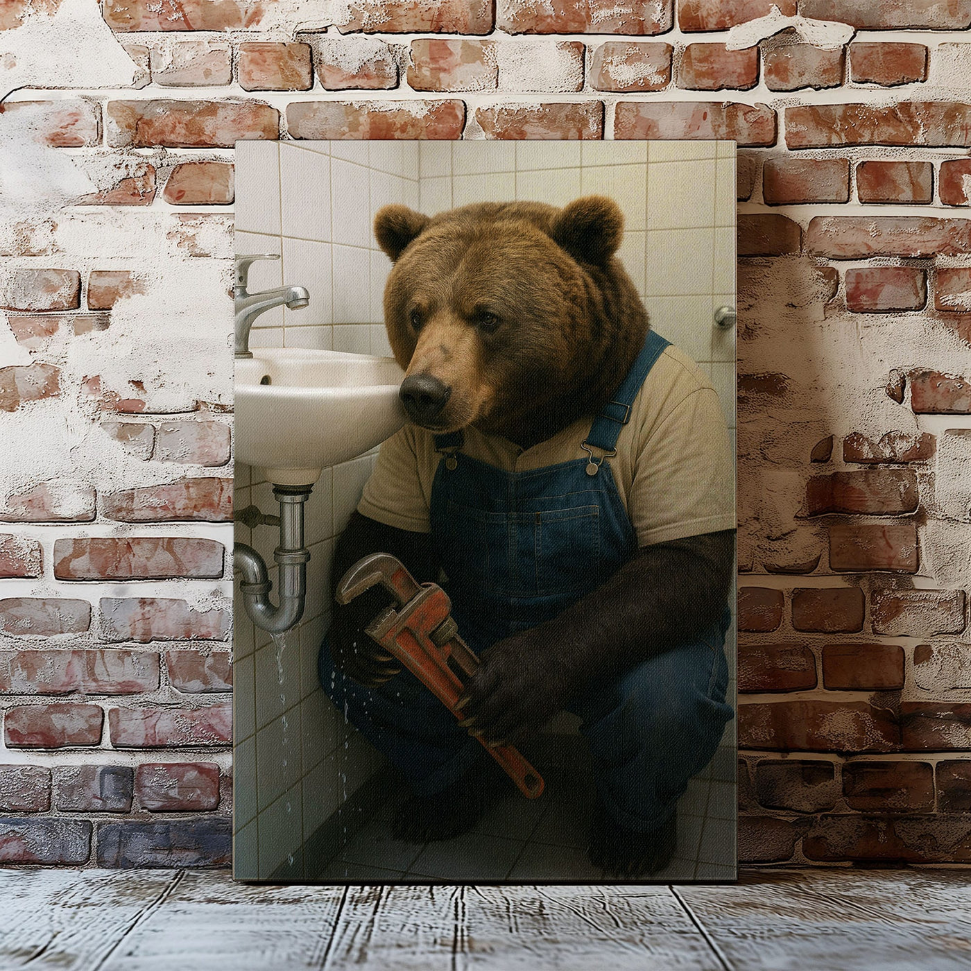 Blisscorners Plumber Bear Canvas Funny Handyman Bathroom Wall Art LM2611