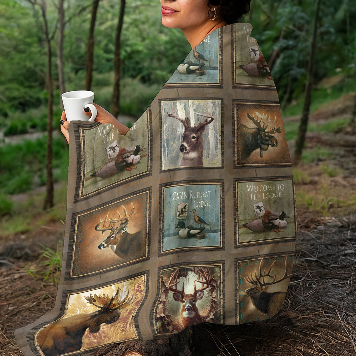 Blisscorners Rustic Wildlife Cabin Lodge Fleece Blanket - Deer, Moose, and Duck Hunting Retreat Fleece Blanket LM1611