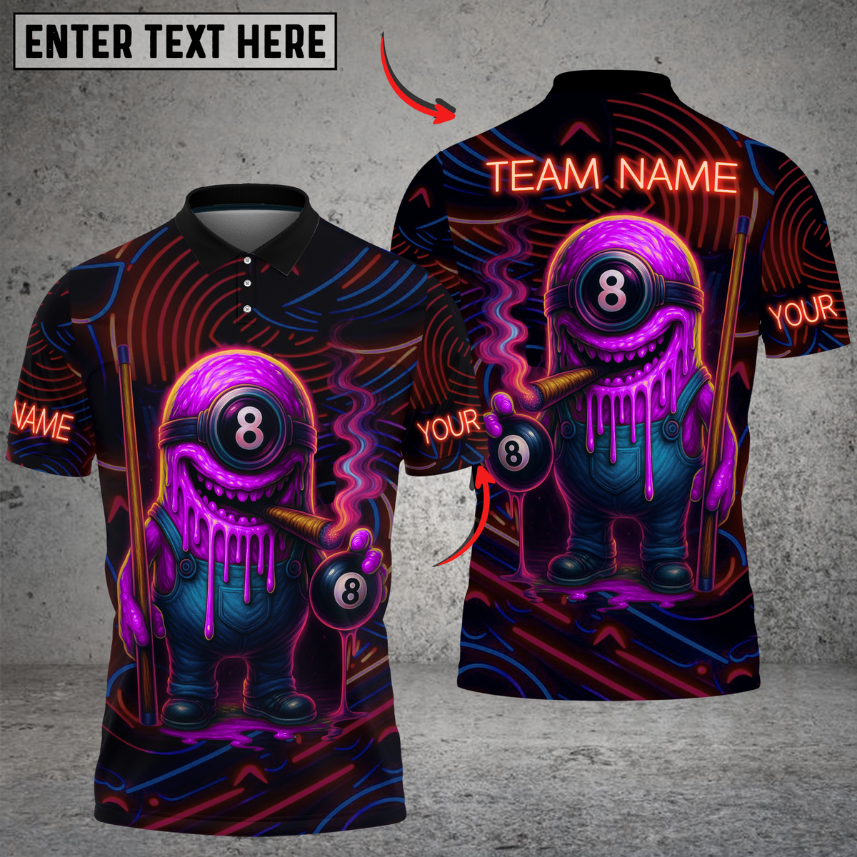 Blisscorners Billiards Neon Monster with 8-Ball Multicolor Customized Name, Team Name 3D Shirt