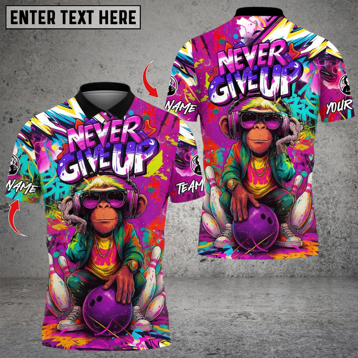 BlisscornersNever Give Up Funky Monkey Graffiti Bowling Multicolor Customized Name, Team Name 3D Shirts