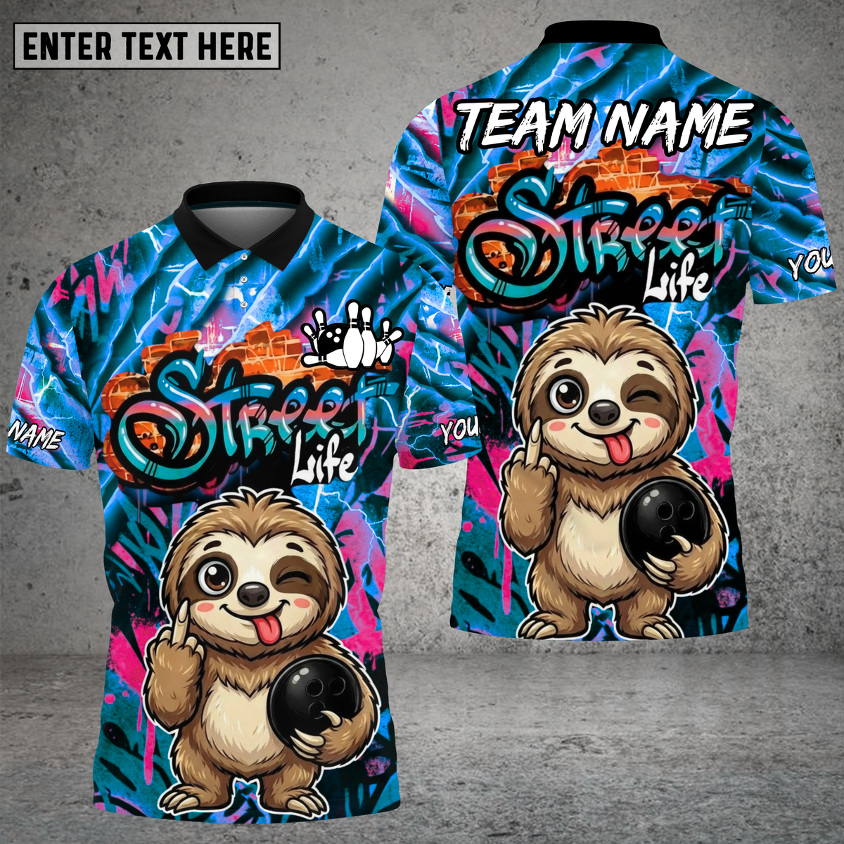 Blisscorners Street Life Sloth Bowling Neon Graffiti Multioptions Personalized Name, Team Name Unisex 3D Shirt (4 Colors)