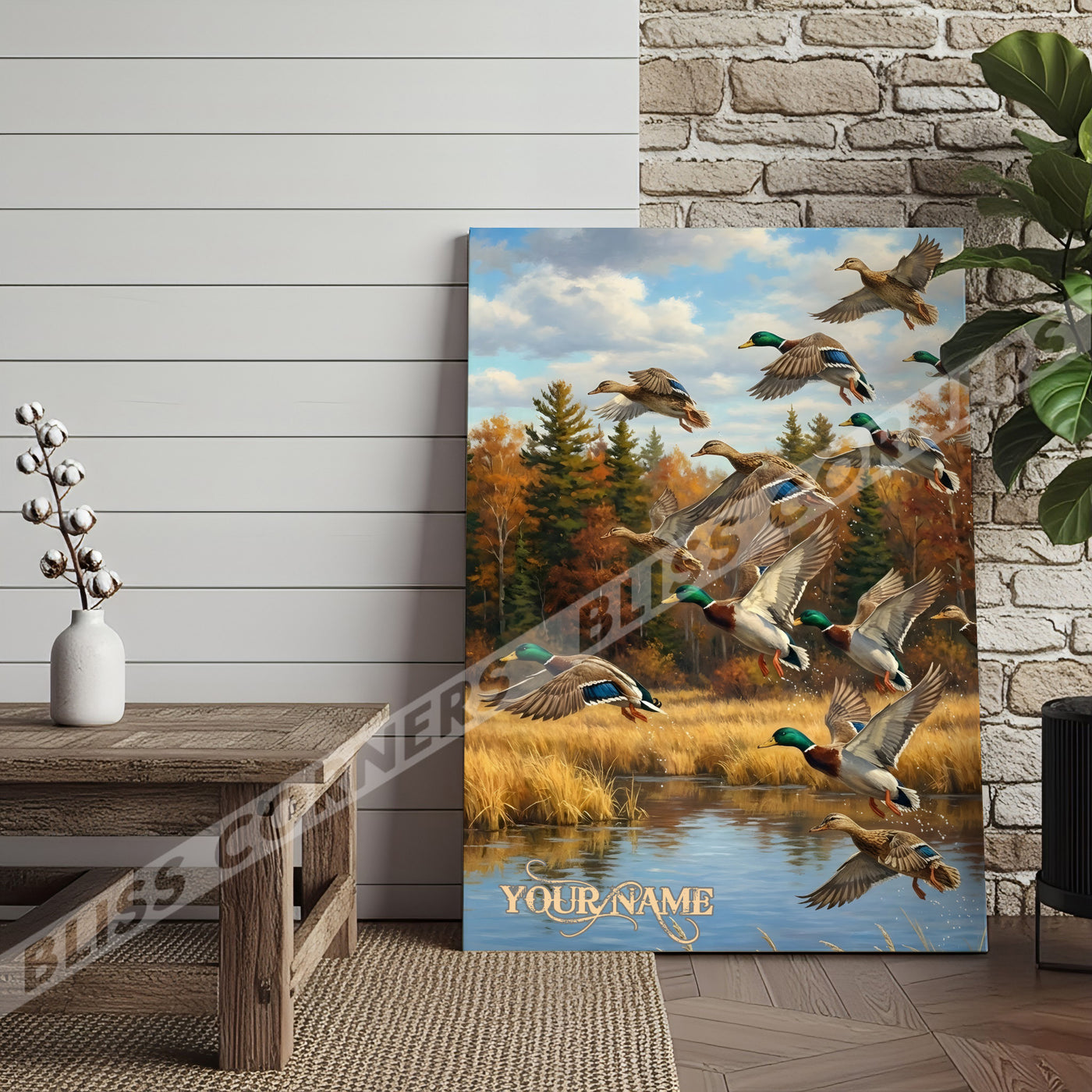 Blisscorners Flying Ducks Autumn Lake Personalized Name Canvas