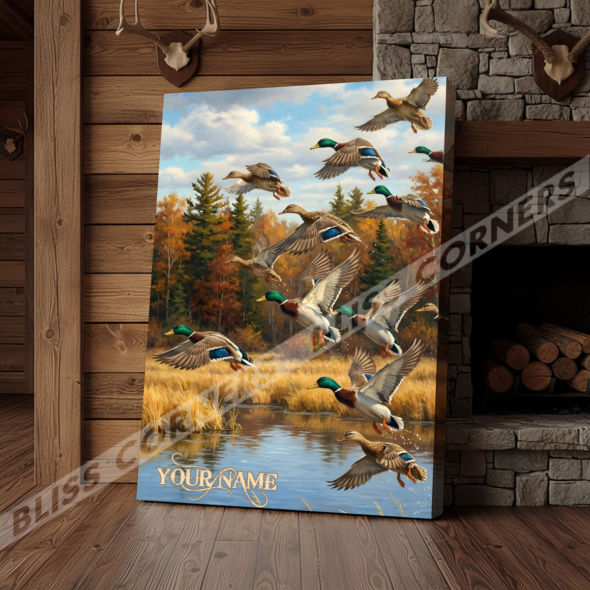 Blisscorners Flying Ducks Autumn Lake Personalized Name Canvas
