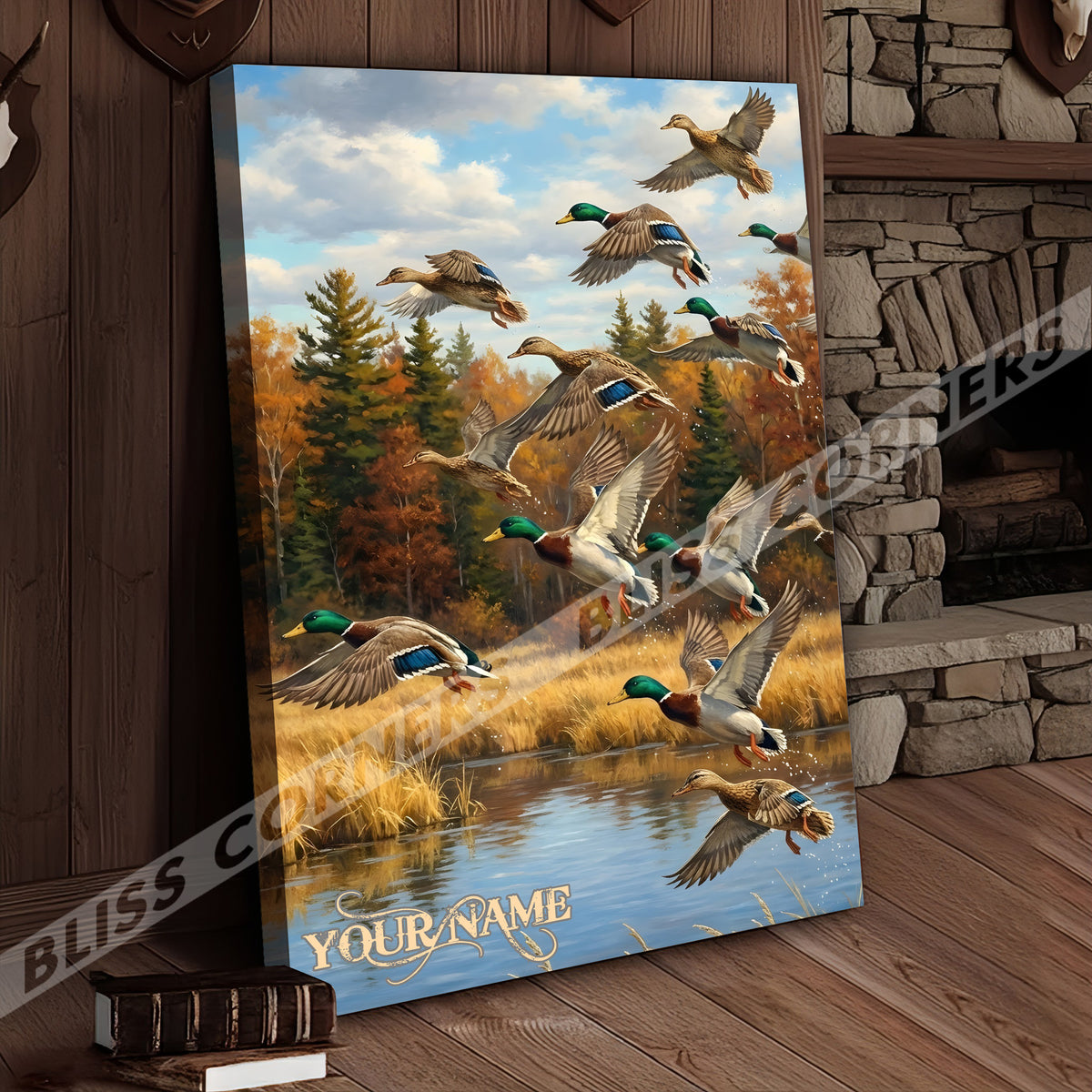 Blisscorners Flying Ducks Autumn Lake Personalized Name Canvas