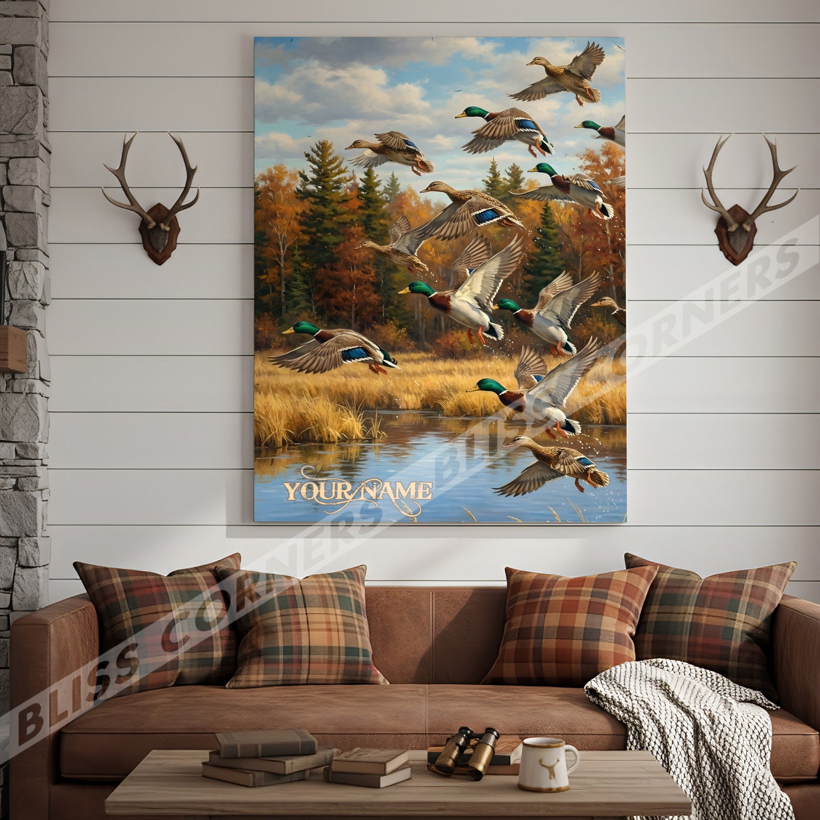 Blisscorners Flying Ducks Autumn Lake Personalized Name Canvas