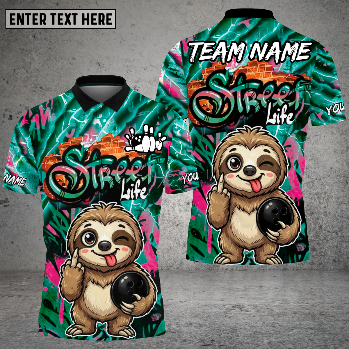 Blisscorners Street Life Sloth Bowling Neon Graffiti Multioptions Personalized Name, Team Name Unisex 3D Shirt (4 Colors)