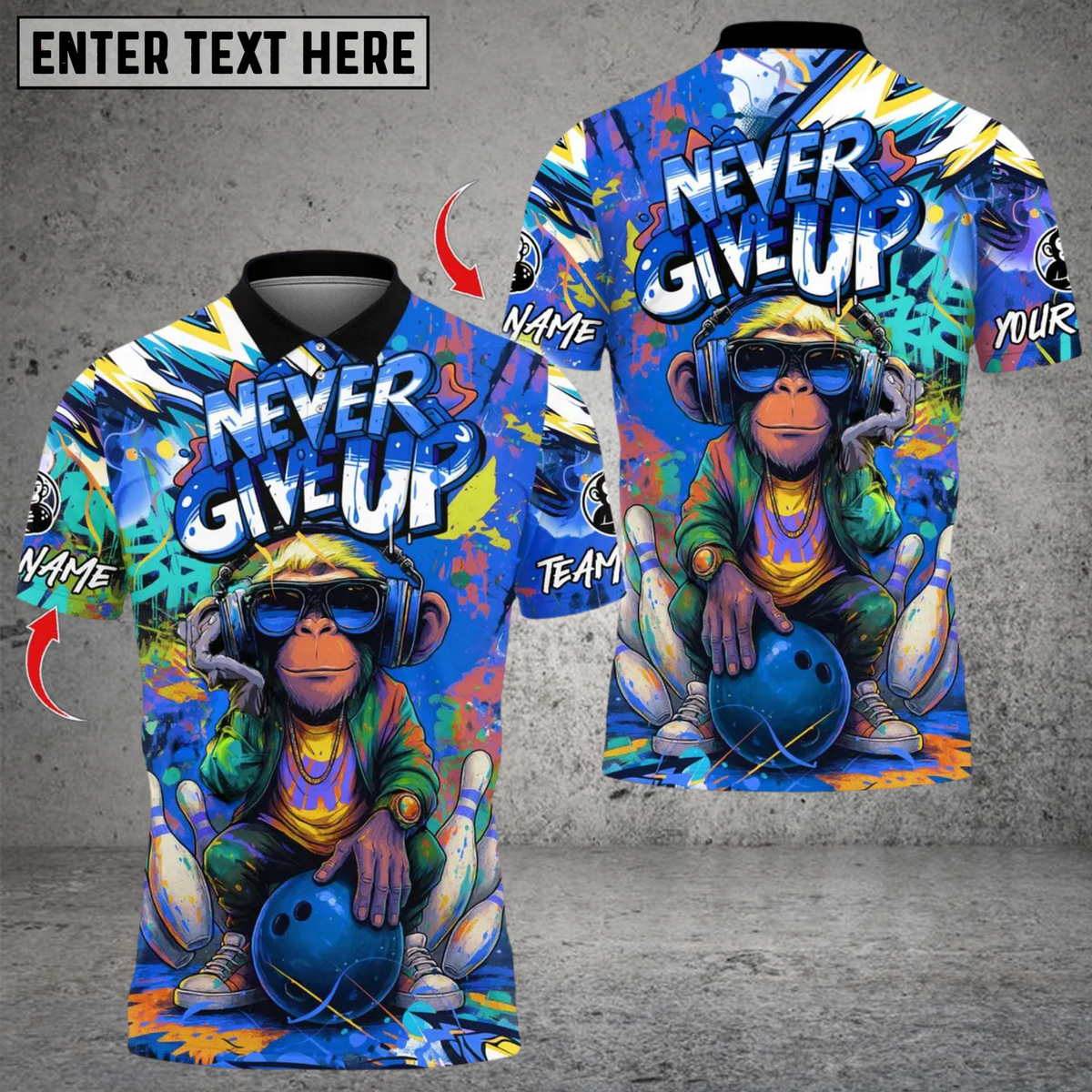 BlisscornersNever Give Up Funky Monkey Graffiti Bowling Multicolor Customized Name, Team Name 3D Shirts