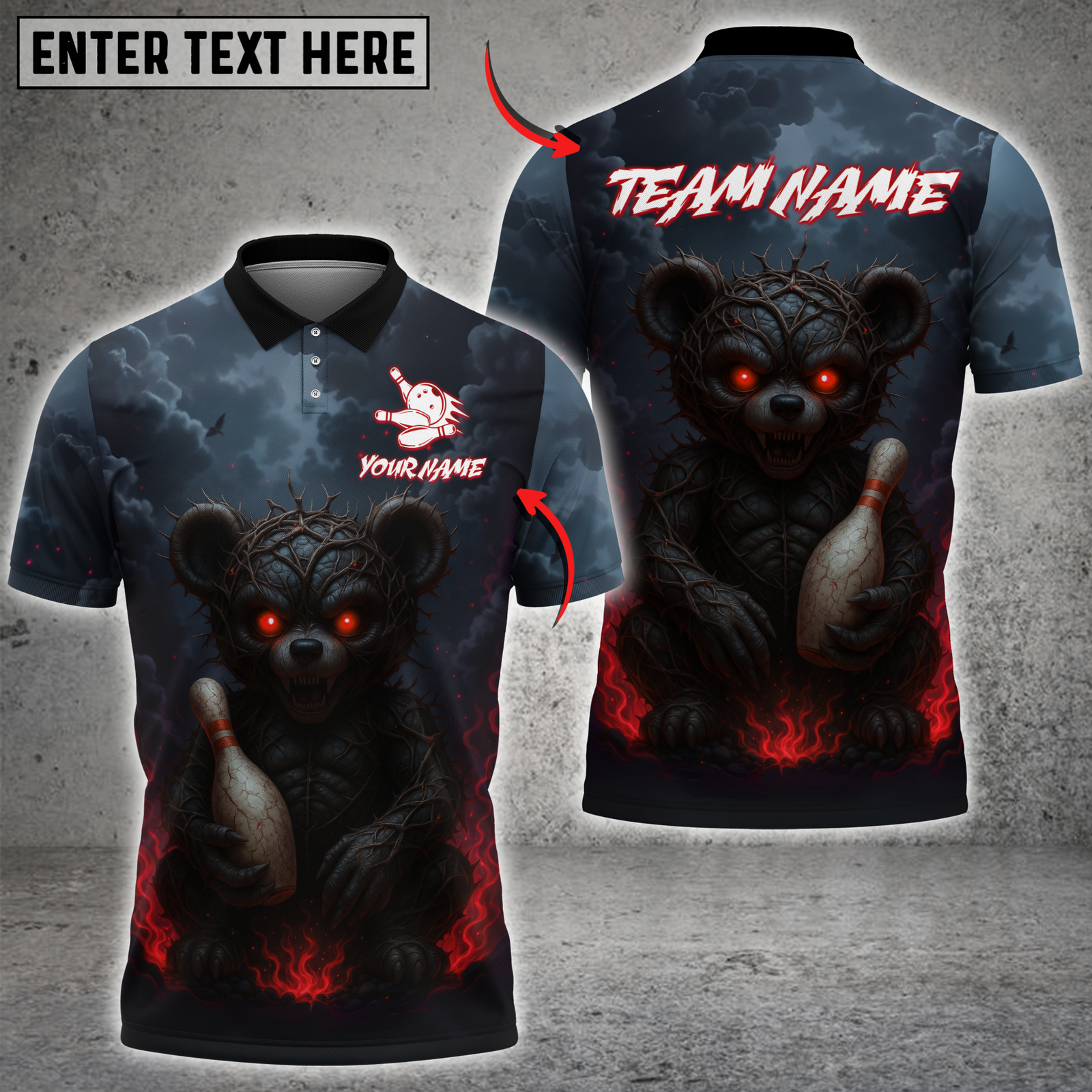Blisscorners Bowling Evil Teddy Bear with Bowling Pin Multicolor Customized Name, Team Name 3D Shirts