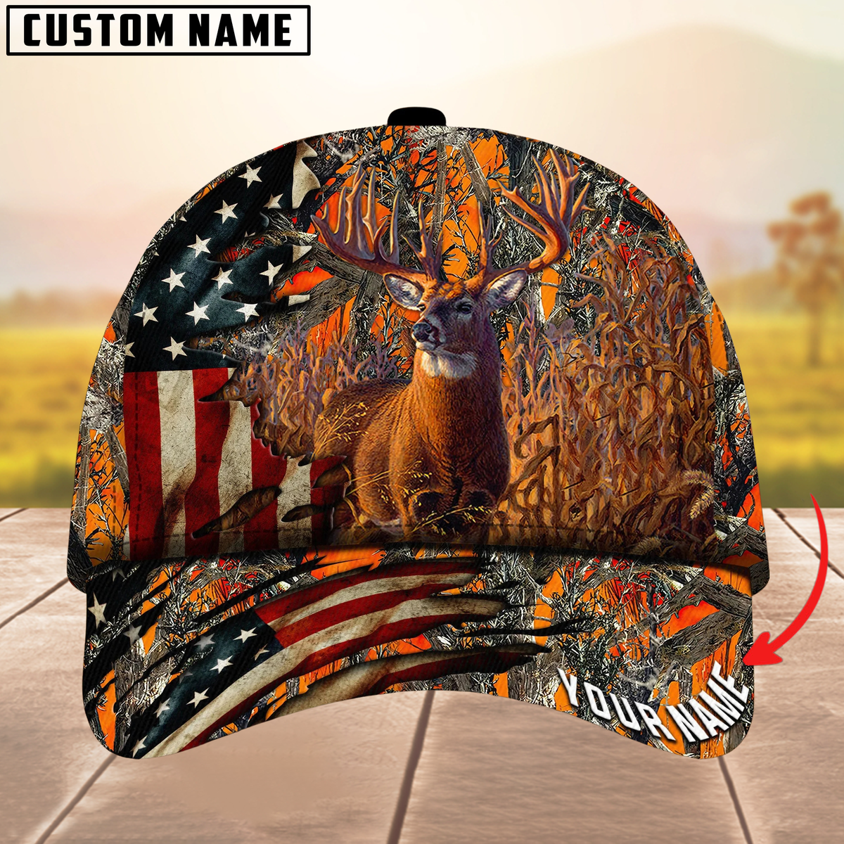 Blisscorners Deer Hunting American Flag Camouflage Pattern Multicolor Personalized Name 3D Cap