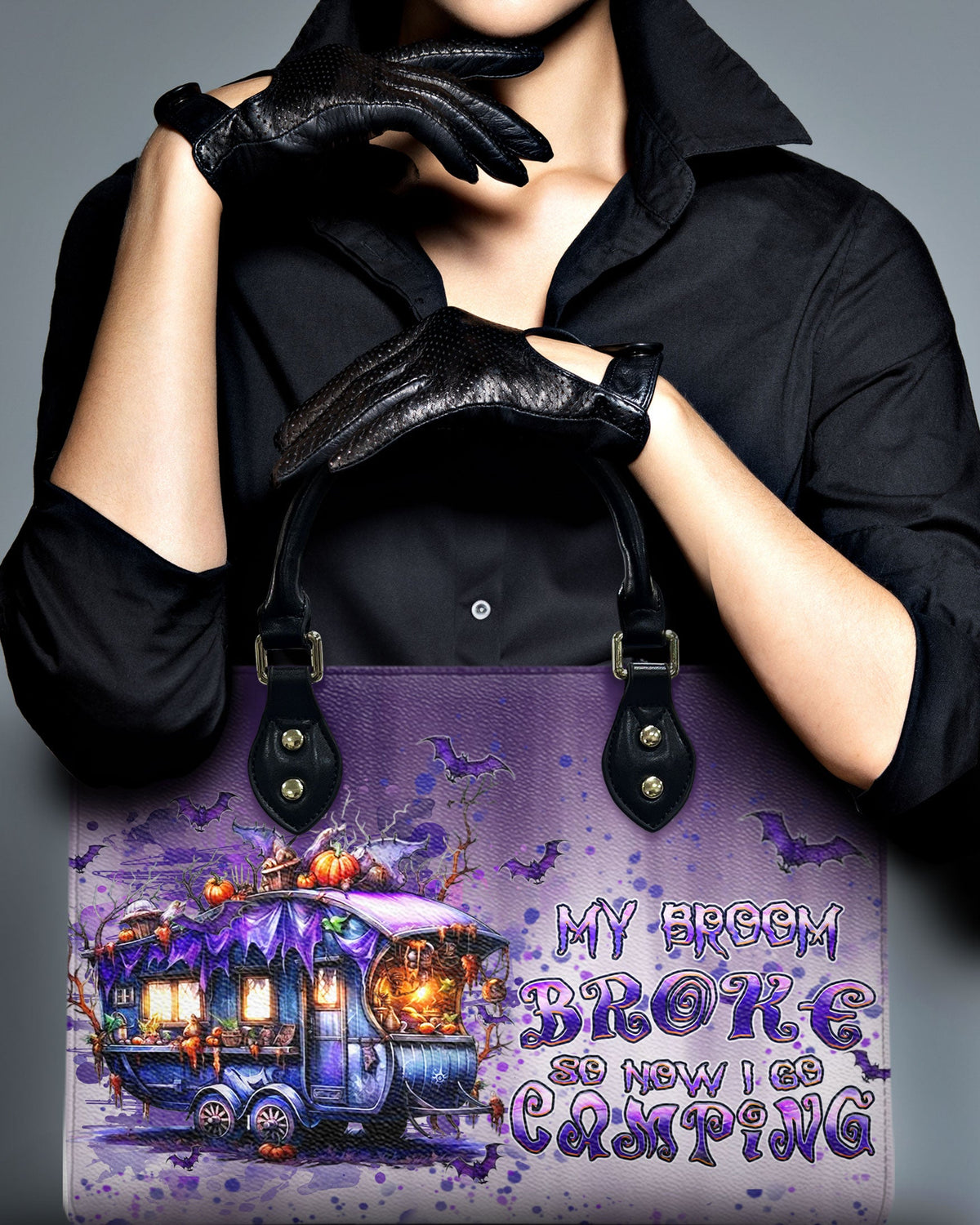 BLISSCORNERS MY BROOM BROKE CAMPING HALLOWEEN LEATHER HANDBAG