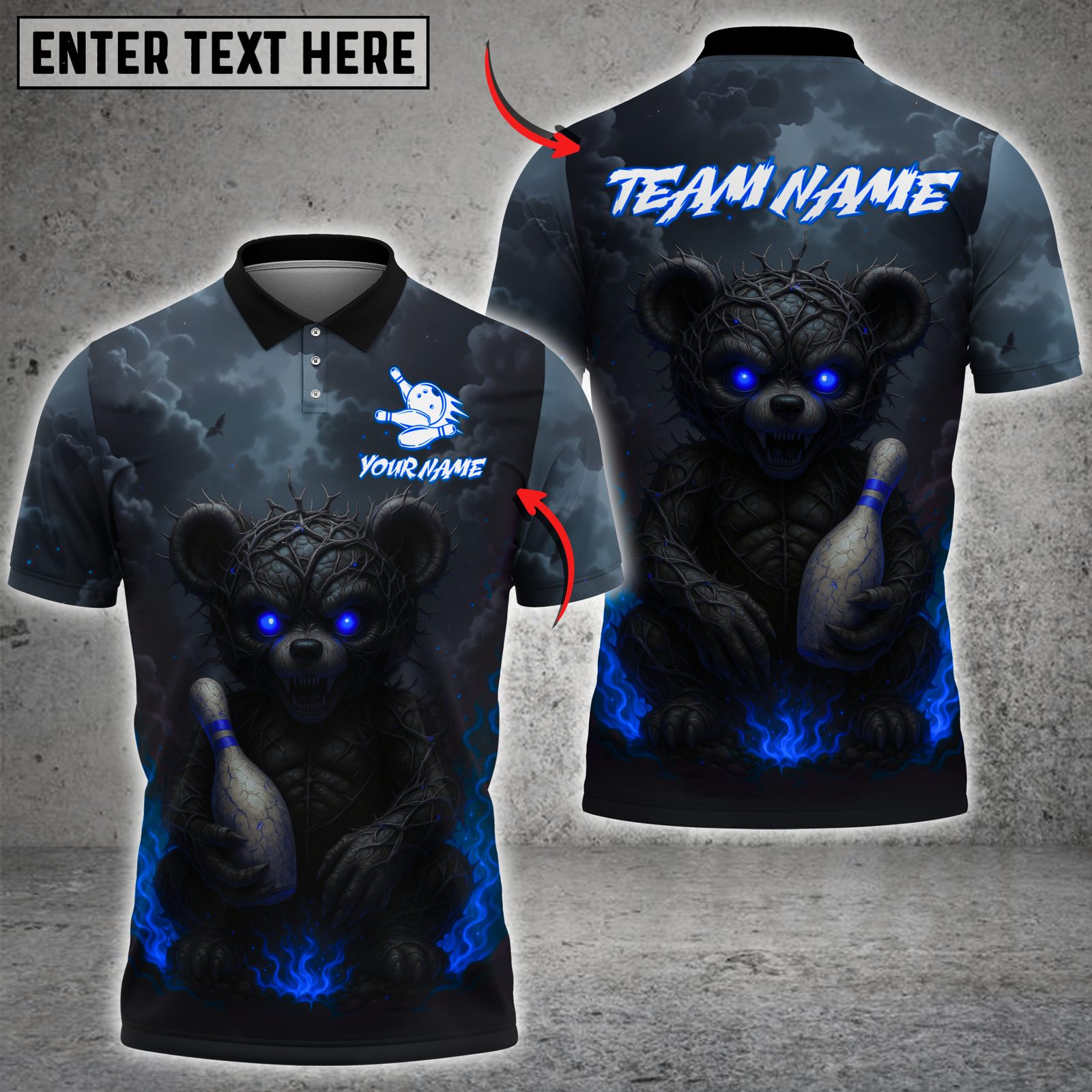 Blisscorners Bowling Evil Teddy Bear with Bowling Pin Multicolor Customized Name, Team Name 3D Shirts