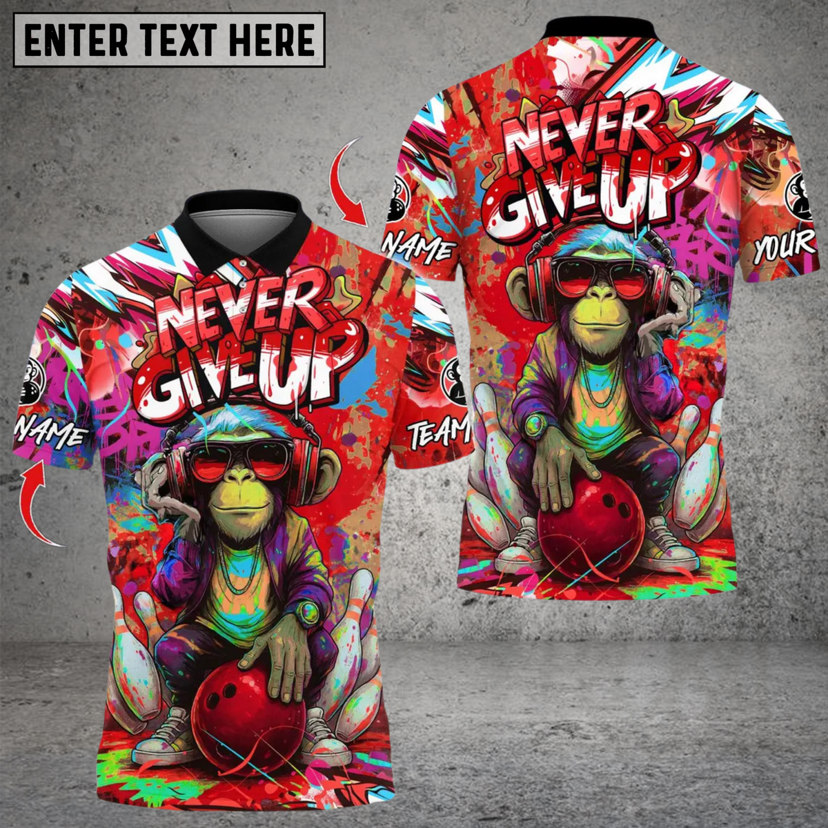 BlisscornersNever Give Up Funky Monkey Graffiti Bowling Multicolor Customized Name, Team Name 3D Shirts