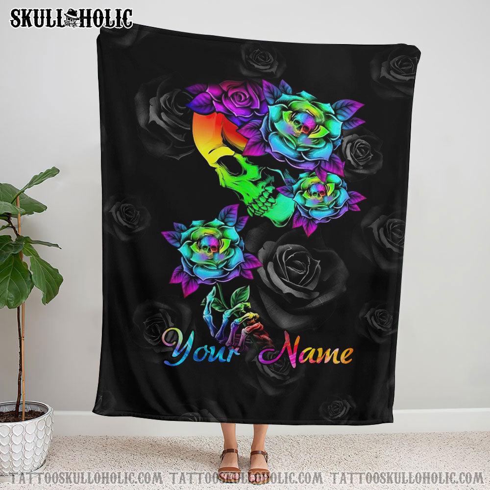 BLISSCORNERS PERSONALIZED COLORFUL SKULL ROSE WOVEN & FLEECE BLANKET