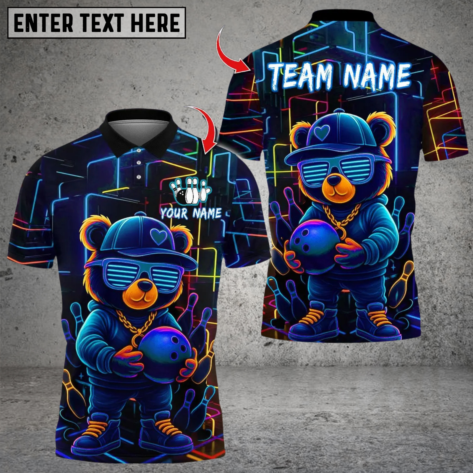 Blisscorners Bowling Neon Graffiti Teddy Bear Multicolor Customized Name, Team Name 3D Shirts