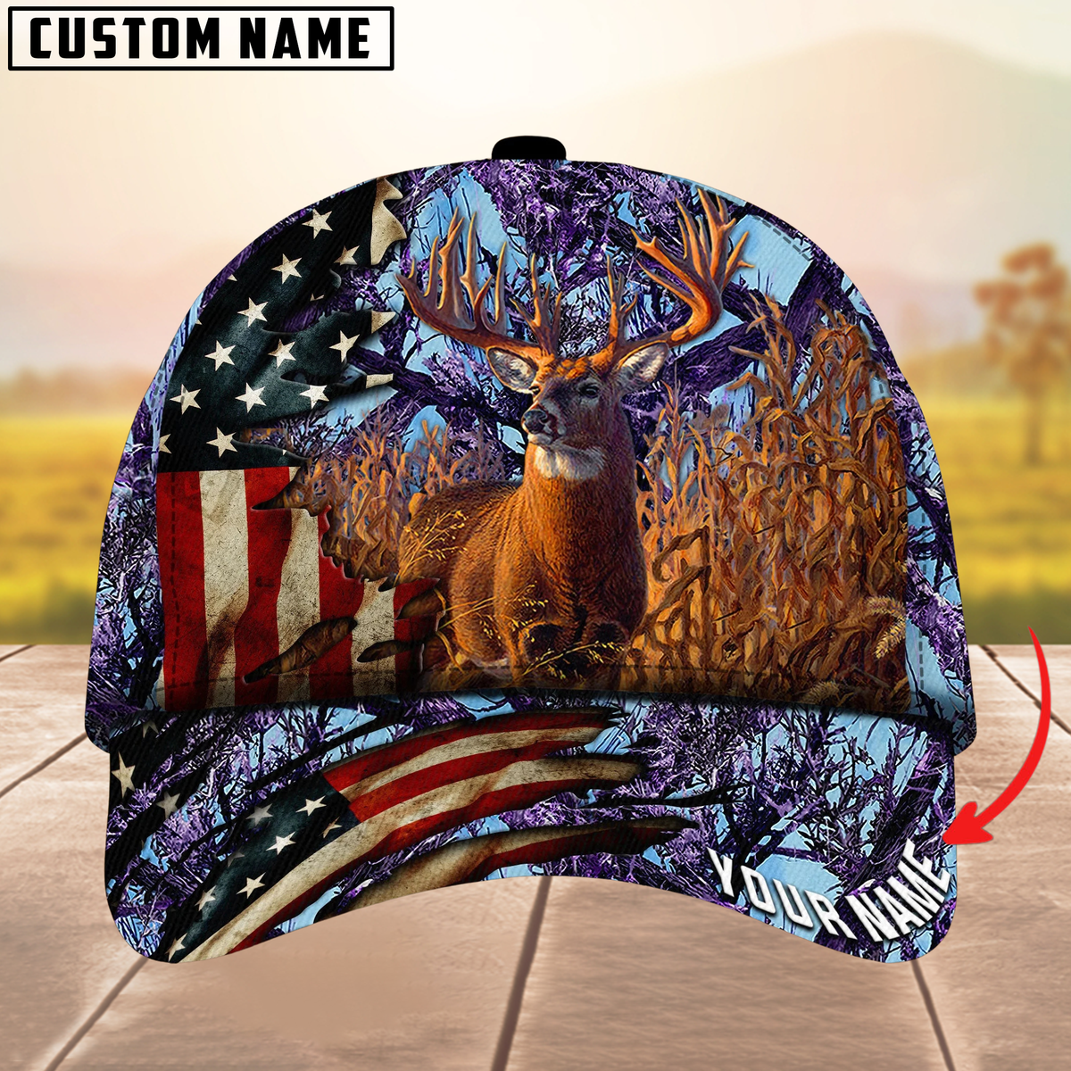 Blisscorners Deer Hunting American Flag Camouflage Pattern Multicolor Personalized Name 3D Cap
