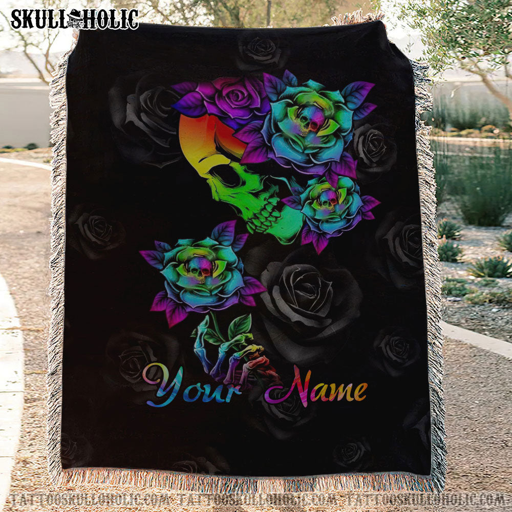 BLISSCORNERS PERSONALIZED COLORFUL SKULL ROSE WOVEN & FLEECE BLANKET
