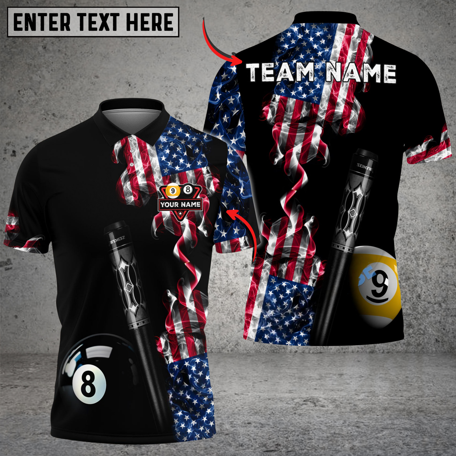 Blisscorners Billiards Ball 8 & 9 American Flag Smoke Deep Fantasy Customized Name, Team Name 3D Shirt