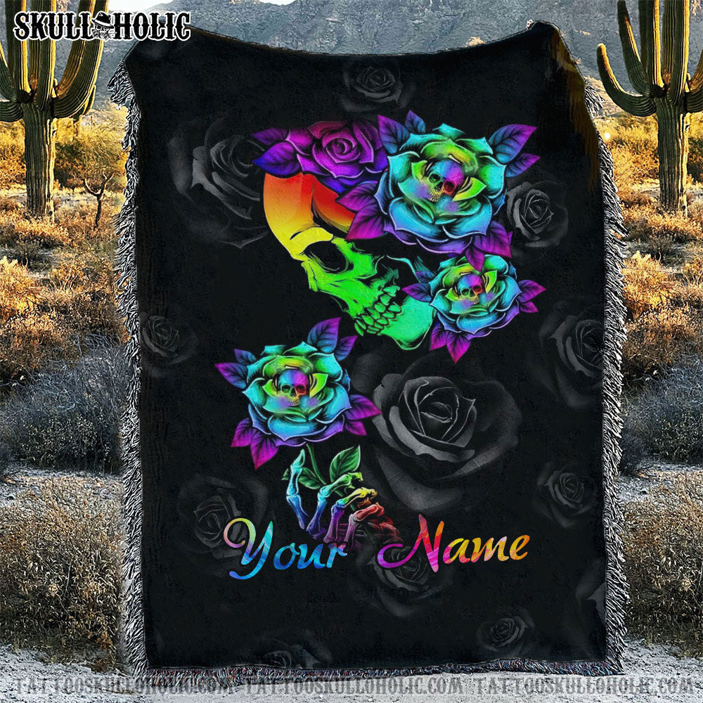 BLISSCORNERS PERSONALIZED COLORFUL SKULL ROSE WOVEN & FLEECE BLANKET