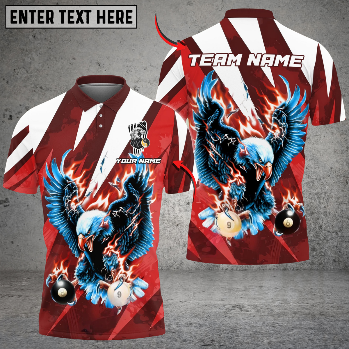 Blisscorners Billiards Ball 8 &amp; 9 Flame Soaring Eagle American Flag Customized Name, Team Name 3D Shirt