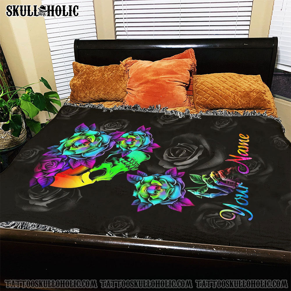 BLISSCORNERS PERSONALIZED COLORFUL SKULL ROSE WOVEN & FLEECE BLANKET